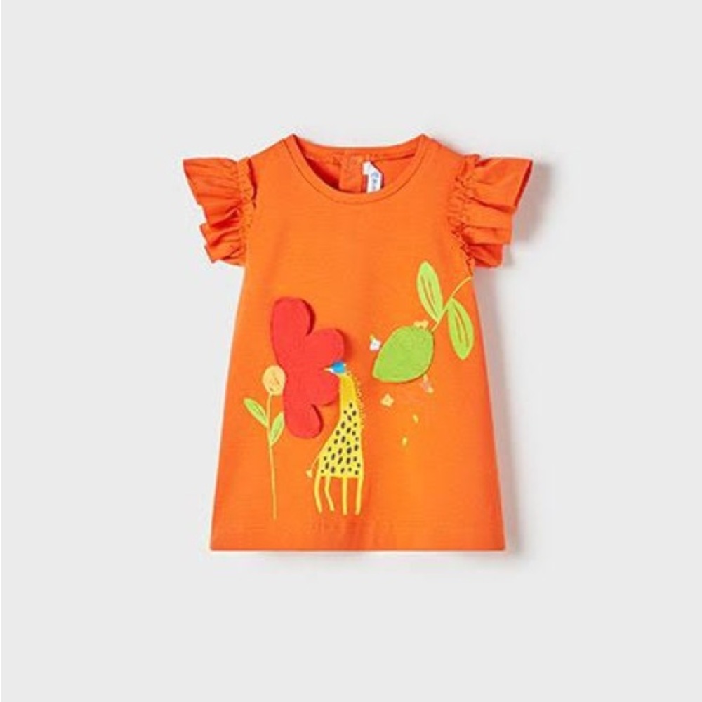 Size 18 months Mayoral Bright Orange Tee with Giraffe and Floral Motif
